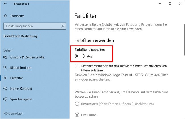 Hier deaktiviert ihr den Schwarz-Weiß-Filter in Windows 10. Bild: GIGA