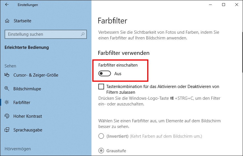 Hier deaktiviert ihr den Schwarz-Weiß-Filter in Windows 10. Bild: GIGA