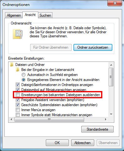 Windows 7: Entfernt das Häkchen, um die Dateiendungen anzeigen zu lassen. Bildquelle: GIGA