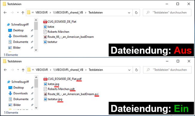 Oben: Dateiendungen sind ausgeblendet. Unten: Dateiendungen sind eingeblendet. Bild: GIGA