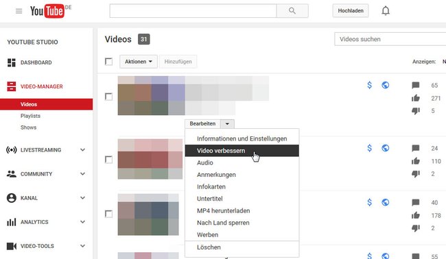 Youtube: Unter "Video verbessern" könnt ihr Gesichter verpixeln.