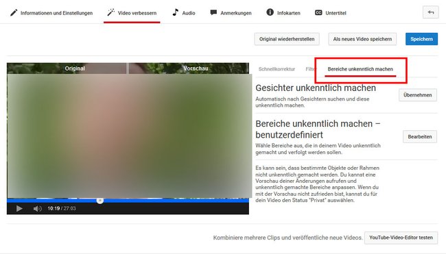 Youtube: Hier könnt ihr Personen und Objekte unkenntlich machen.