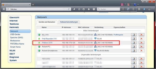 Die zweite Fritzbox (Access Point) taucht in der Übersicht der Router-Fritzbox auf. (Bildquelle: GIGA)