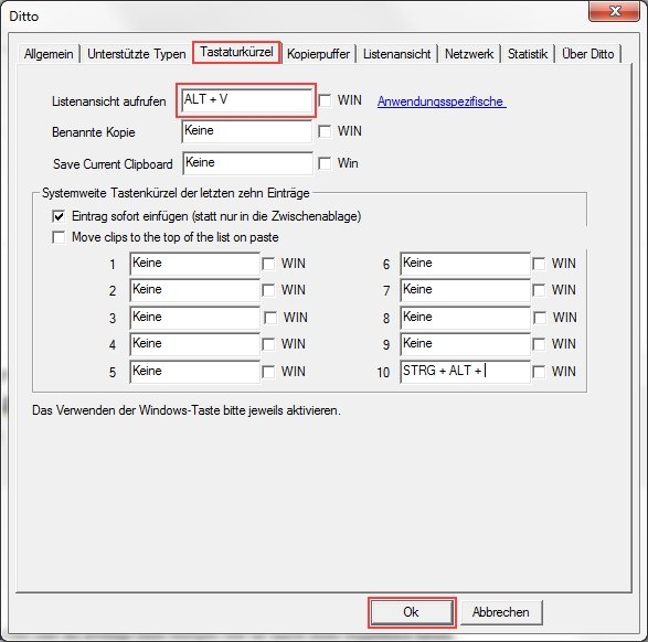 Clipboard Manager Ditto Einstellungen