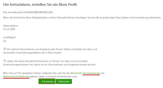 Xbox live anmelden Zustimmung