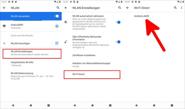 Android: Hier findet ihr die WiFi-Direct-Einstellungen. Bild: GIGA