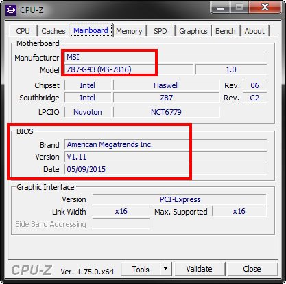 CPU-Z zeigt euch Motherboard-Modell und die derzeitige BIOS-Version an.