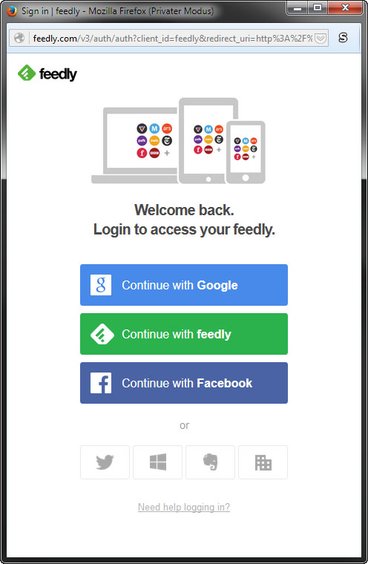 Der Facebook-Connect-Button ist bei Feedly hier ganz unten dargestellt.