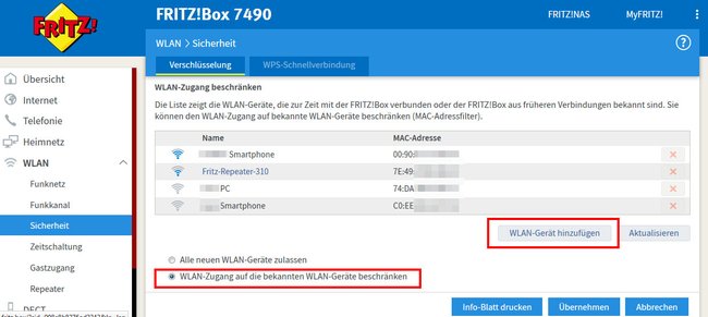 Fritzbox: Hier könnt ihr nur bestimmte MAC-Adressen erlauben und andere dadurch sperren.