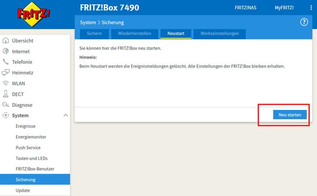 Hier startet ihr die Fritzbox neu. (Bildquelle: GIGA)