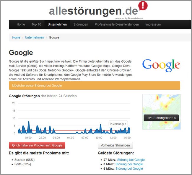 Die Webseite allestörungen.de zeigt aktuelle Google-Störungen an.