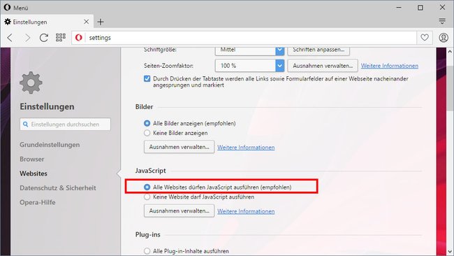 Opera: Hier schaltet ihr Javascript ein.