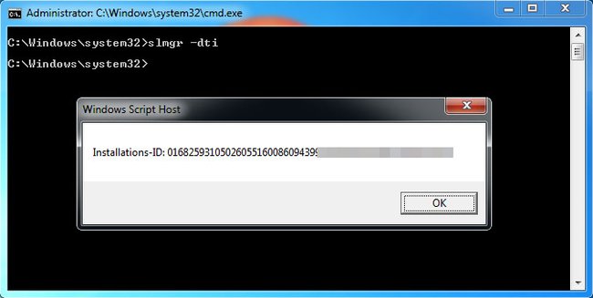 Der Befehl "slmgr dti" gibt eine Aktivierungs-ID aus.