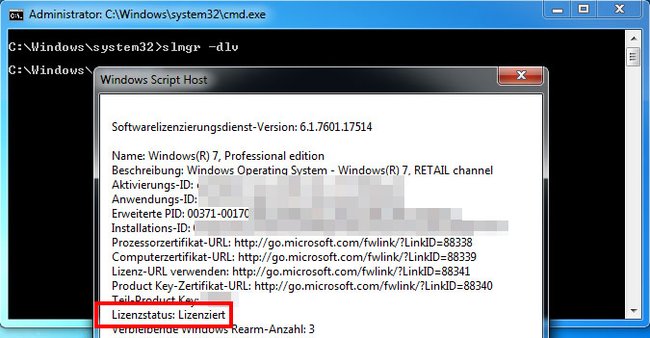 Der Befehl "slmgr dlv" zeigt an, ob WIndows lizenziert ist.