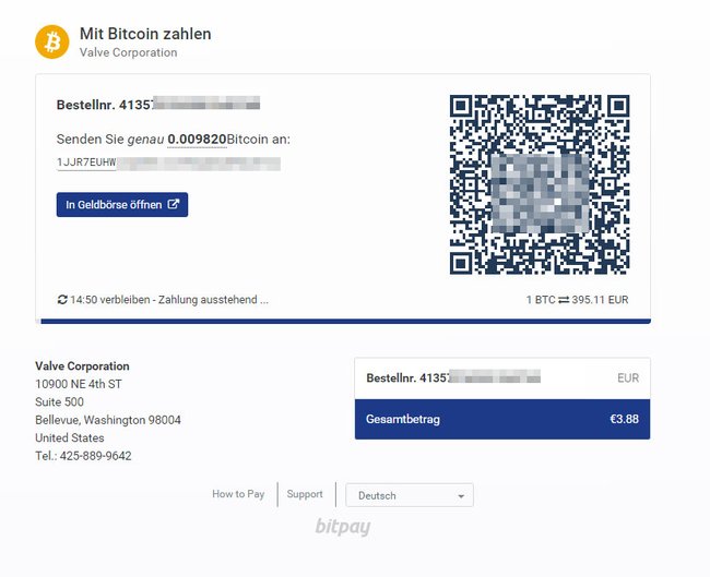 Steam: Die Bitcoin-Zahlung wird über den Anbieter Bitpay abgehandelt.