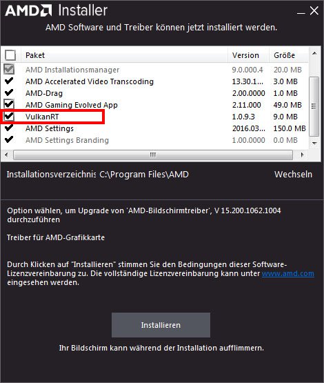 Im Grafikkarten-Installer von AMD könnt ihr VulkanRT installieren.