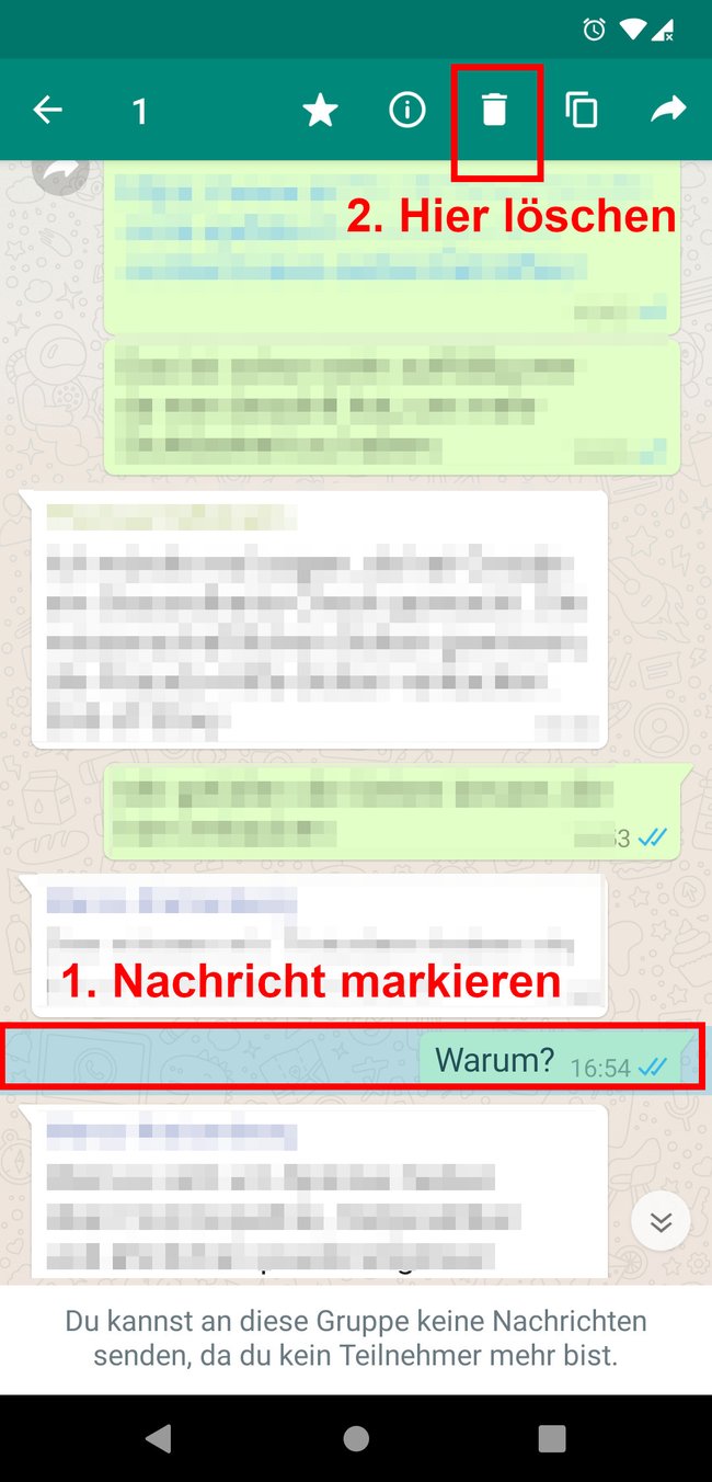 So löscht ihr eine WhatsApp-Nachricht aus einem Chat oder einer Gruppe. Bild: GIGA