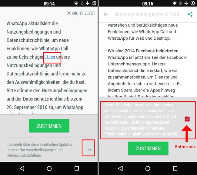 So deaktiviert ihr die Facebook-Verbindung während die neuen Nutzungsbedingungen angezeigt werden.