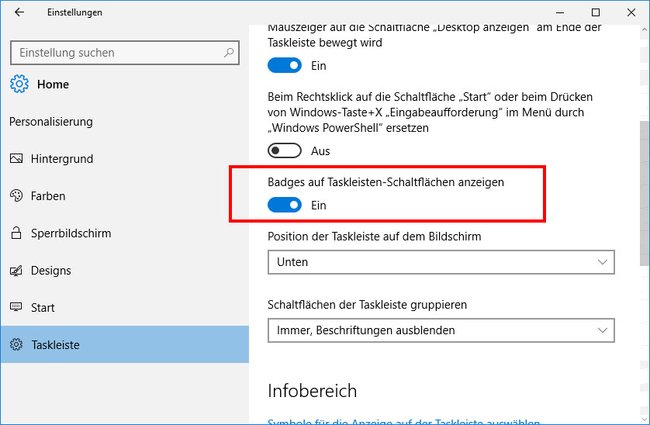 Windows 10: Hier aktiviert ihr die Badges.