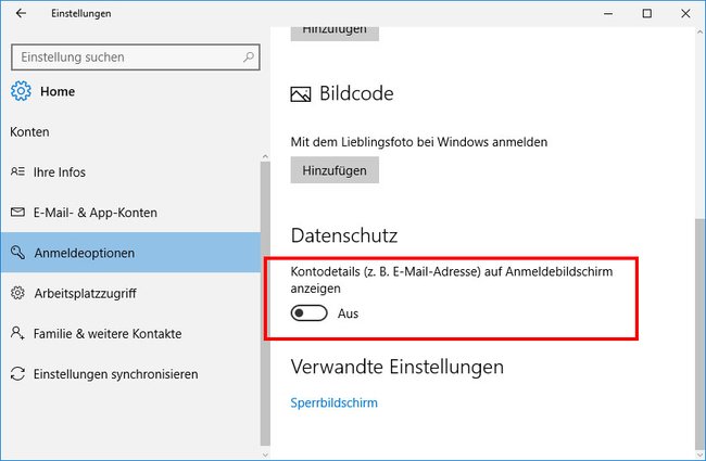 Windows 10: Hier deaktiviert ihr die Anzeige der Email auf dem Anmeldebildschirm.