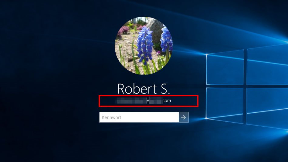 Windows 10 zeigt die E-Mail-Adresse bei der Anmeldung an.
