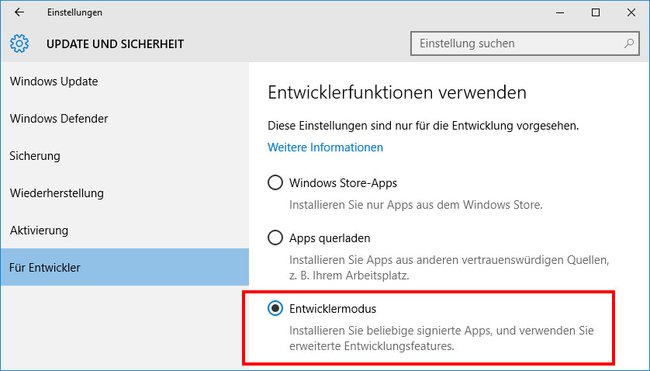 Windows 10: Hier aktiviert ihr den Entwicklermodus.