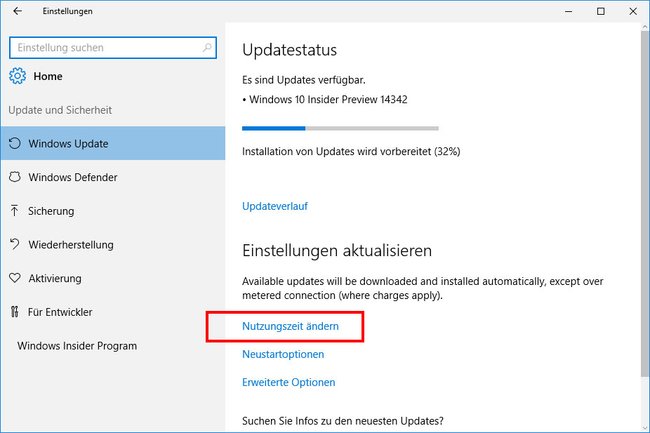 Windows 10: Hier stellt ihr die Nutzungszeit ein, in der kein Neustart durchgeführt wird.