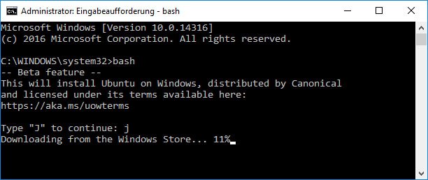 Windows 10: Ubuntu on Windows wird für die Bash heruntergeladen.