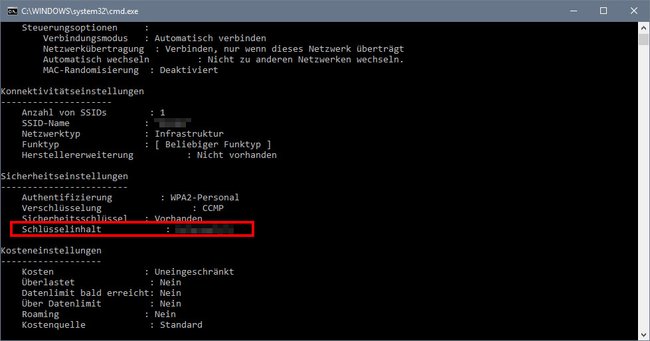 Windows: Der WLAN-Key lässt sich am schnellsten in der Eingabeaufforderung auslesen. Bildquelle: GIGA
