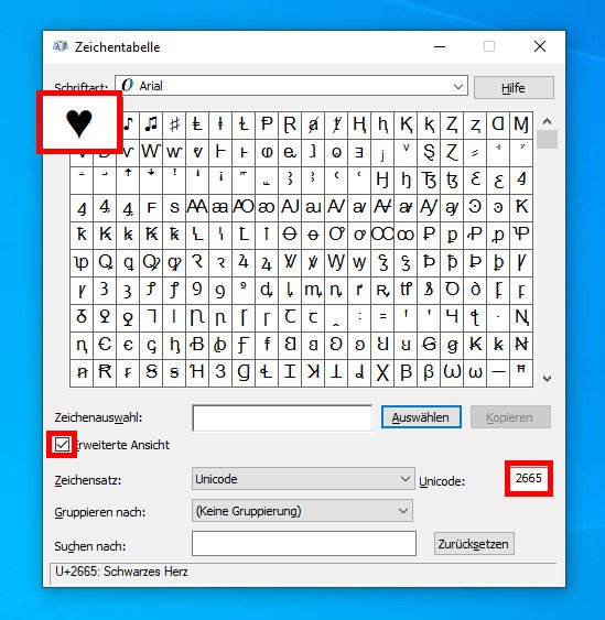 Hier findet ihr das Ascii-Herz in der Windows-Zeichentabelle. (Bildquelle: GIGA)