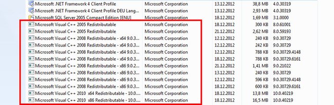 Windows 7: Hier sind 12 Versionen von Microsoft Visual C++ Redistributable installiert.
