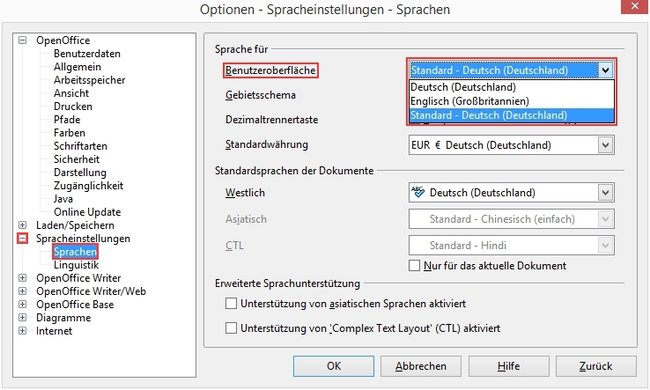 OpenOffice Sprache ändern Menü