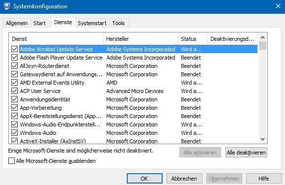 Hier zeigt Windows 10 alle Dienste an, die gestartet werden.