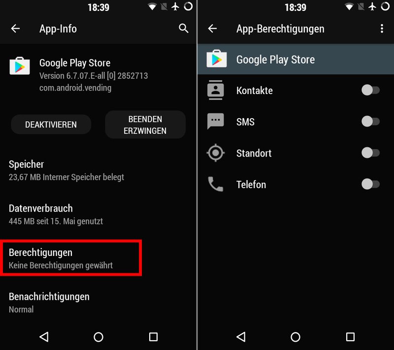 Android 6.0 Marshmallow: Hier stellt ihr die App-Berechtigungen ein. Der Playstore darf bei uns nichts.
