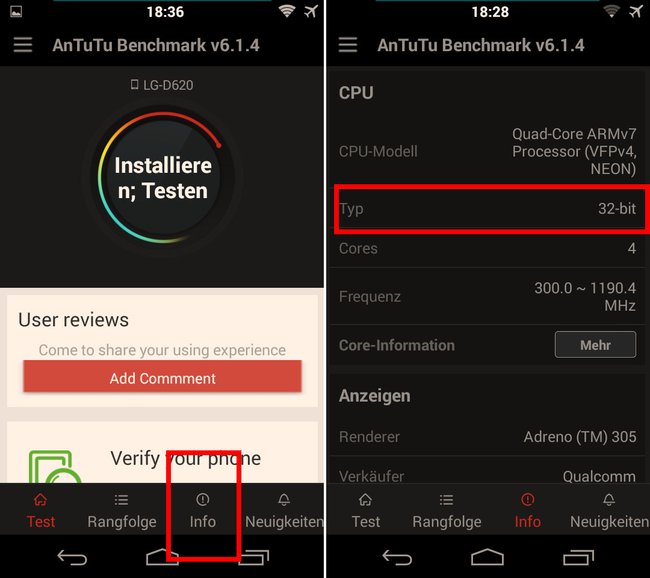 Antutu zeigt an, ob eine 32-Bit- oder 64-Bit-CPU verbaut ist.