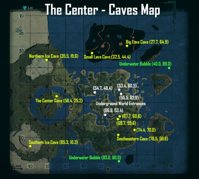 Hier findet ihr alle Höhlen auf der neuen Map "The Center". (Quelle: ARK)