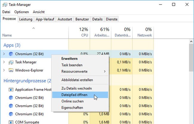 Den Dateipfad von Chromium findet ihr auch über den Taskmanager.