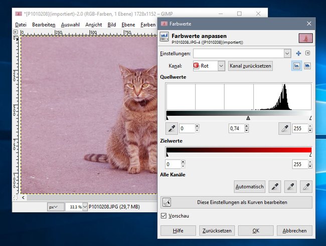 Gimp: Auch in Gimp korrigiert ihr den Rot-Kanal.