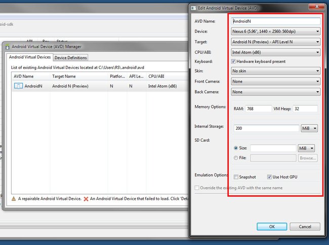 Android N: Stellt den Emulator wie hier ein.