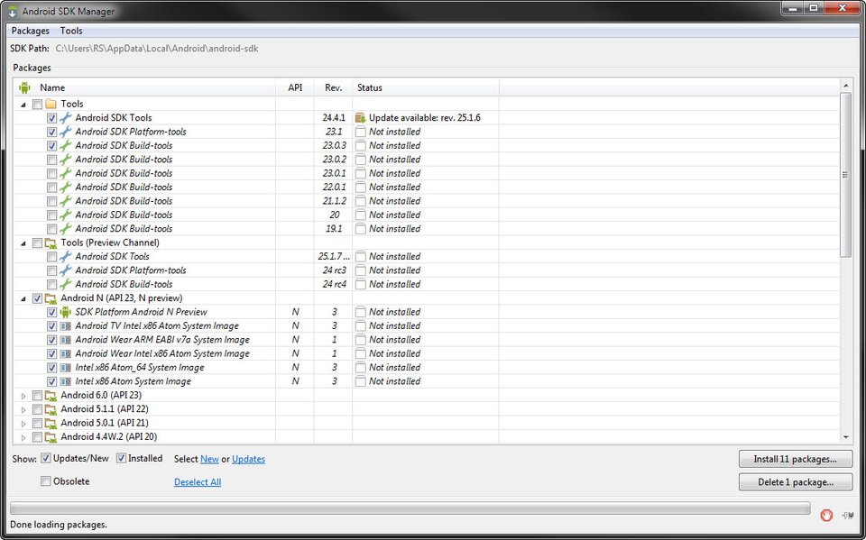 Aktiviert im SDK Manager die im Screenshot gezeigten Optionen und den Emulator unter "Extras".