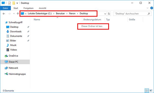 Windows 10: Wenn der Desktop-Ordner eures Profils leer ist, sind die Dateien gelöscht.