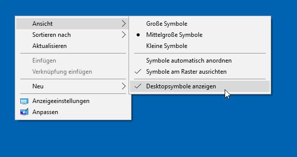 Windows 10: "Desktopsymbole anzeigen" muss aktiviert sein.