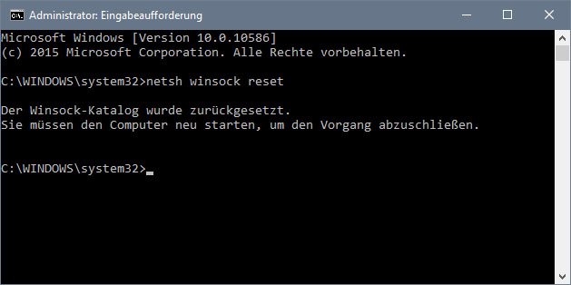 Windows 10: Der Befehl setzt den Winsock-Katalog zurück.