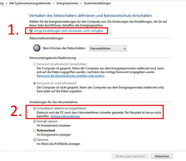 Windows 10: In den Systemeinstellungen solltet ihr den Schnellstart deaktivieren, damit es keine Probleme mit WOL gibt. Bild: GIGA