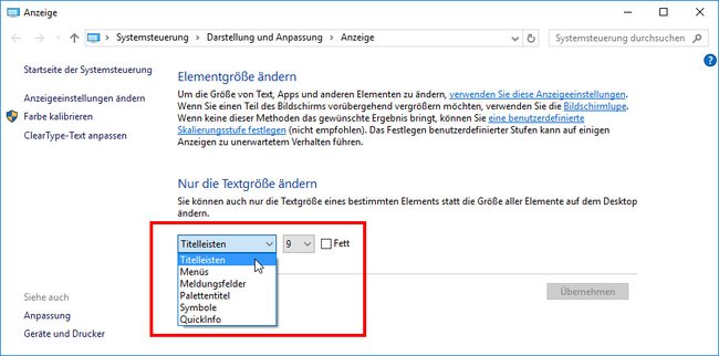 Windows 10: Hier lässt sich die Schriftgröße genau einstellen.