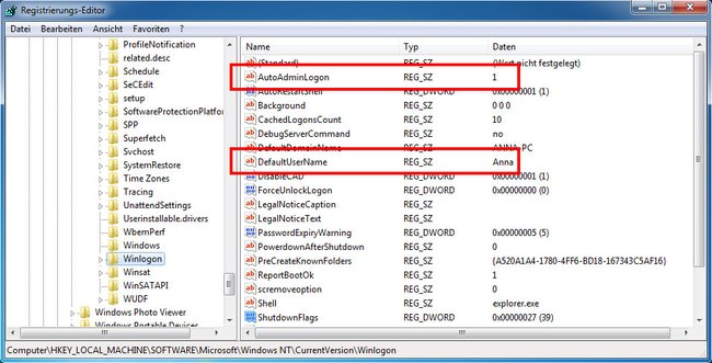 „AutoAdminLogon“ sollte auf 1 stehen für den Autologin. Bild: GIGA