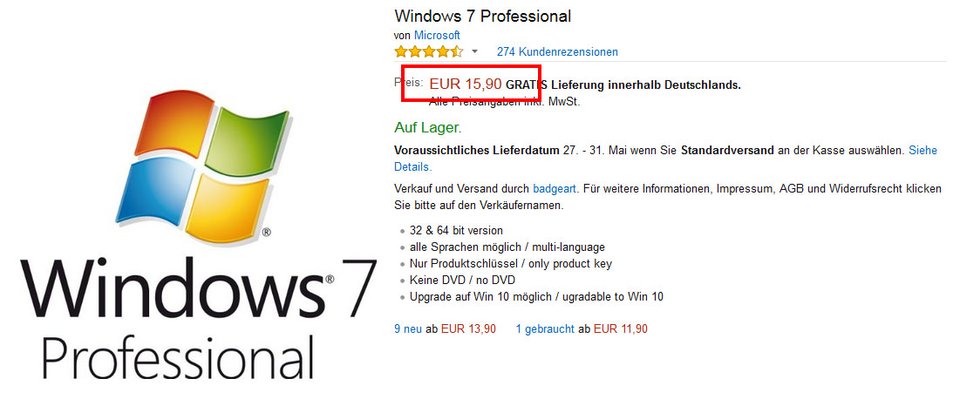 Windows 7 könnt ihr für günstige 16 Euro kaufen.