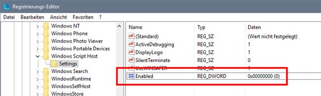 Registry: Der Eintrag deaktiviert Windows Script Host.