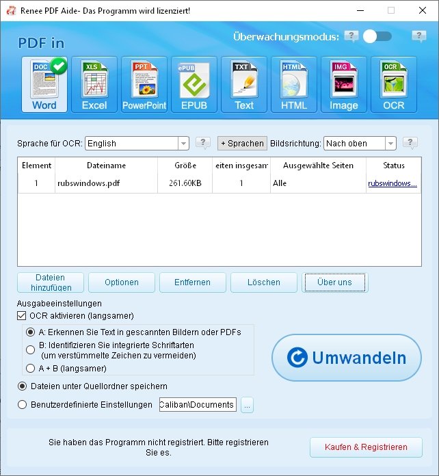 Screenshot von Renee PDF aide, während das Programm eine geladene PDF-Datei mit der Texterkennung behandelt.