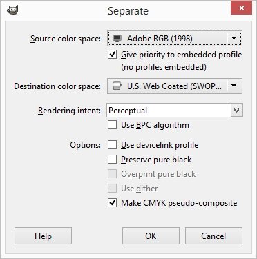 RGB in CMYK GIMP Separate Menü